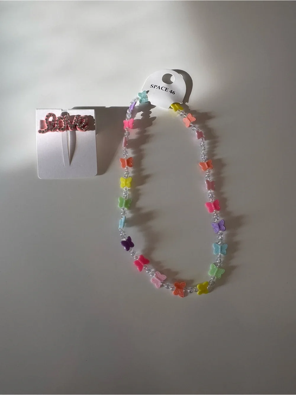 NWT - Kids Multicolor Butterfly Bead Necklace and “love” barette bundle